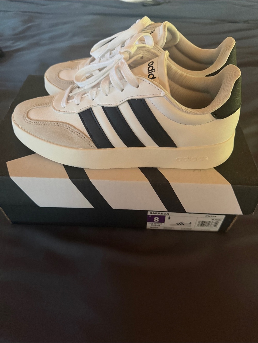 Adidas Womens White Sneakers with Black Stripes